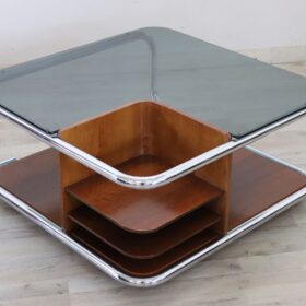 Square Coffee Table, Italy 1970s, Walnut, Glass and Chrome