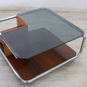 Square Coffee Table, Italy 1970s, Walnut, Glass and Chrome