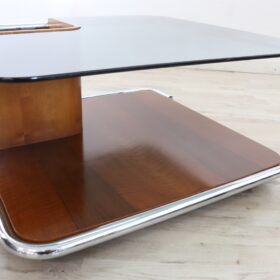 Square Coffee Table, Italy 1970s, Walnut, Glass and Chrome