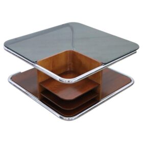 Square Coffee Table, Italy 1970s, Walnut, Glass and Chrome