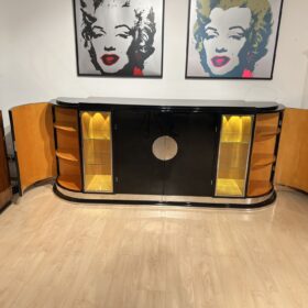 Large Art Deco Sideboard, Black Lacquer, Maple, Lighting, France circa 1930