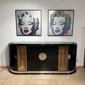 Large Art Deco Sideboard, Black Lacquer, Maple, Lighting, France circa 1930