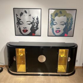 Large Art Deco Sideboard, Black Lacquer, Maple, Lighting, France circa 1930