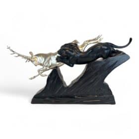 Art Deco Sculpture of a Deer and Panther by Rochard, White-Gold, France c. 1930