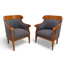 Pair of Biedermeier Bergere Chairs, Cherry Wood, Gray Boucle, Austria circa 1830