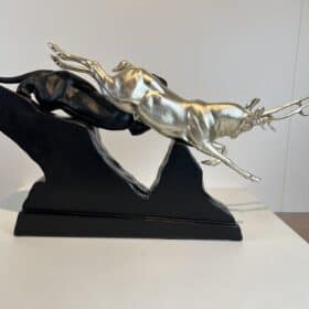 Art Deco Sculpture of a Deer and Panther by Rochard, White-Gold, France c. 1930