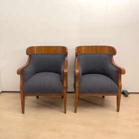 Pair of Biedermeier Bergere Chairs, Cherry Wood, Gray Boucle, Austria circa 1830