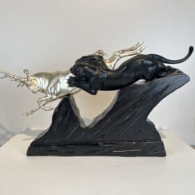 Art Deco Sculpture of a Deer and Panther by Rochard, White-Gold, France c. 1930