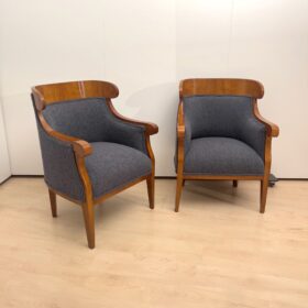 Pair of Biedermeier Bergere Chairs, Cherry Wood, Gray Boucle, Austria circa 1830