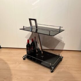 Vintage Italian Bar Cart, Black Glass and Chrome, 1970s