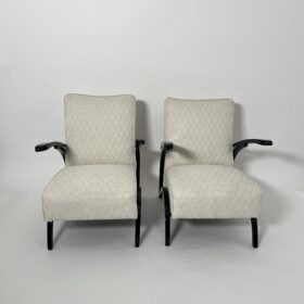 Pair of Art Deco Lounge Chairs by J. Halabala, Black Laquer, Czechia circa 1930