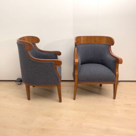 Pair of Biedermeier Bergere Chairs, Cherry Wood, Gray Boucle, Austria circa 1830