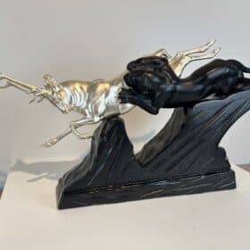 Art Deco Sculpture of a Deer and Panther by Rochard, White-Gold, France c. 1930