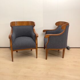 Pair of Biedermeier Bergere Chairs, Cherry Wood, Gray Boucle, Austria circa 1830