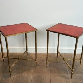 Pair of Maison Jansen Side Tables, Brass with Red Leather Tops