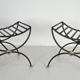 Pair of Curule Stools, Wrought Iron and Brass, 1950