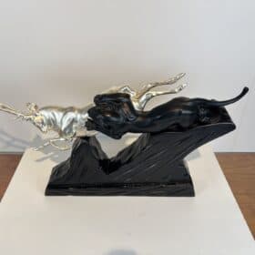 Art Deco Sculpture of a Deer and Panther by Rochard, White-Gold, France c. 1930