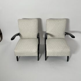 Pair of Art Deco Lounge Chairs by J. Halabala, Black Laquer, Czechia circa 1930