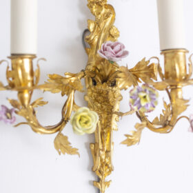 Pair of Rococo Bronze Sconces Decorated with Flowers, Circa 1880