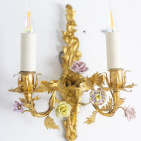 Pair of Rococo Bronze Sconces Decorated with Flowers, Circa 1880