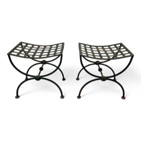 Pair of Curules Stools in Wrought Iron and Patinated Metal