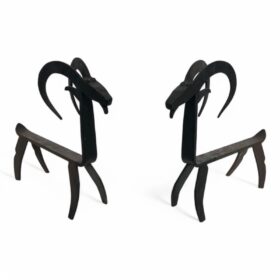 Pair of Goat Wrought Iron Andirons In the style of Edouard Schenck