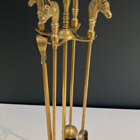 Neoclassical Style Brass Horse Heads Fireplace Tools, French, 1950