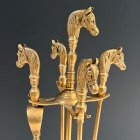 Neoclassical Style Brass Horse Heads Fireplace Tools, French, 1950