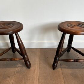 Pair of Turned Wood Stools, att. Charles Dudouyt, circa 1950