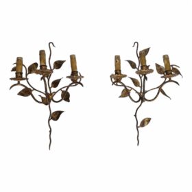 Pair of 3 Lights Gilt Metal Wall Sconces with Leaves