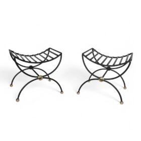 Pair of Curule Stools, Wrought Iron and Brass, 1950