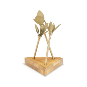 Napkin Holder in Matte Gold Brass with Wooden Base, Contemporary