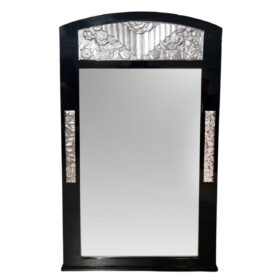 French Art Deco Wall Mirror, Black Lacquer, Silver Leaf, 1930