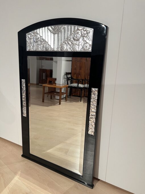 French Art Deco Wall Mirror, Black Lacquer, Silver Leaf, 1930 - Image 12