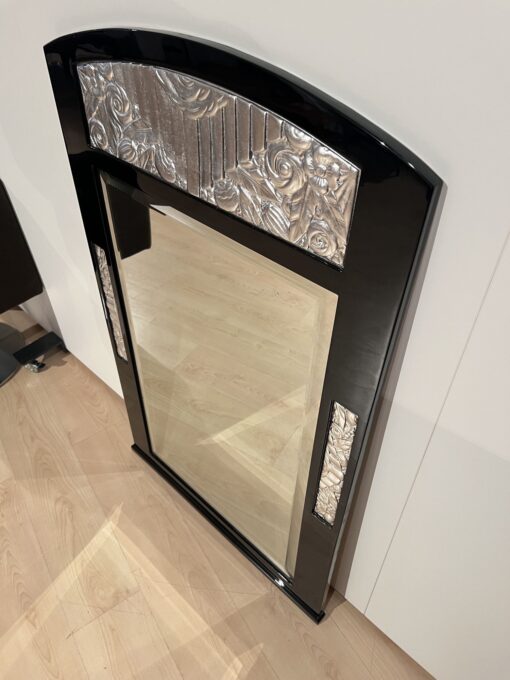 French Art Deco Wall Mirror, Black Lacquer, Silver Leaf, 1930 - Image 13