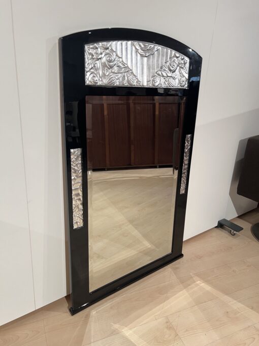 French Art Deco Wall Mirror, Black Lacquer, Silver Leaf, 1930 - Image 15
