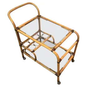 Interesting Rattan Drinks Trolley with Leather Links, French