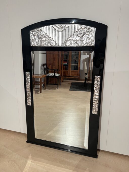 French Art Deco Wall Mirror, Black Lacquer, Silver Leaf, 1930 - Image 2