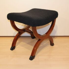 Antique Stool, Paw Feet, Solid Mahogany, Black Boucle, France circa 1860