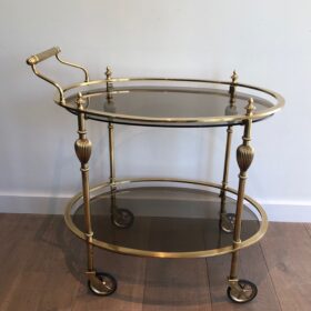 Oval Brass Drinks Trolley with Smoked Glass Shelves Attributed to Maison Jansen