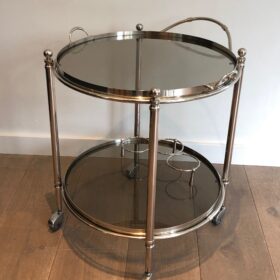 Round Silver Plated Metal Drinks Trolley with Smoked Glass Trays, French