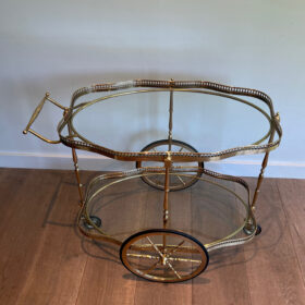 Neoclassical Style Oval Brass Drinks Trolley, Two Glass Shelves