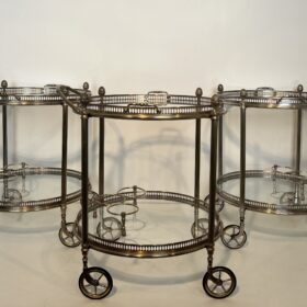 Rare Set of 3 Neoclassical Style Round Silvered Brass Drinks Trolley by Maison Bagués, 1940