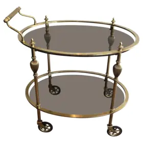 Oval Brass Drinks Trolley with Smoked Glass Shelves Attributed to Maison Jansen