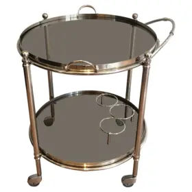 Round Silver Plated Metal Drinks Trolley with Smoked Glass Trays, French