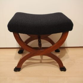 Antique Stool, Paw Feet, Solid Mahogany, Black Boucle, France circa 1860