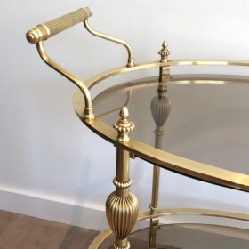 Oval Brass Drinks Trolley with Smoked Glass Shelves Attributed to Maison Jansen