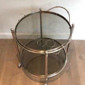 Round Silver Plated Metal Drinks Trolley with Smoked Glass Trays, French