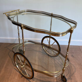 Neoclassical Style Oval Brass Drinks Trolley, Two Glass Shelves