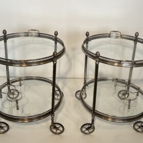 Rare Set of 3 Neoclassical Style Round Silvered Brass Drinks Trolley by Maison Bagués, 1940